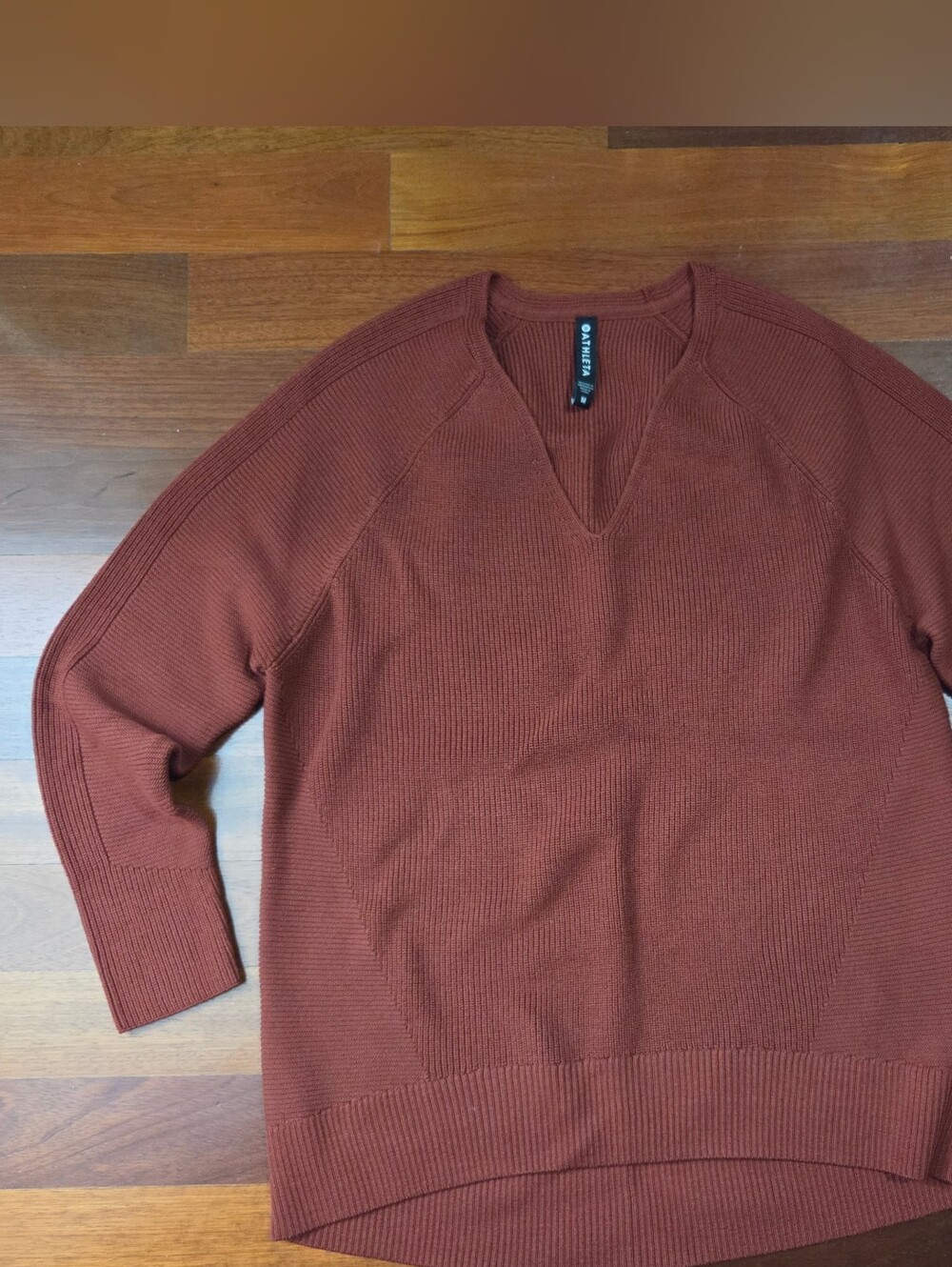 Athleta Hanover V-Neck Ribbed Sweater, Brick Red, M